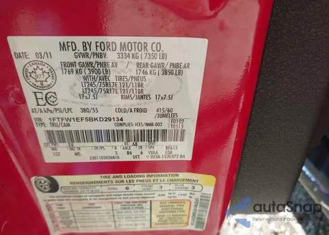 2011 Ford F-150 Xlt from USA, damaged, VIN 1FTFW1EF5BKD29134